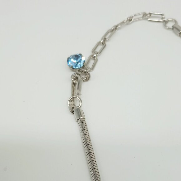 Coro Blue Baguette Collar Necklace 16" Brushed Silver Tone Link Choker - Picture 7 of 8